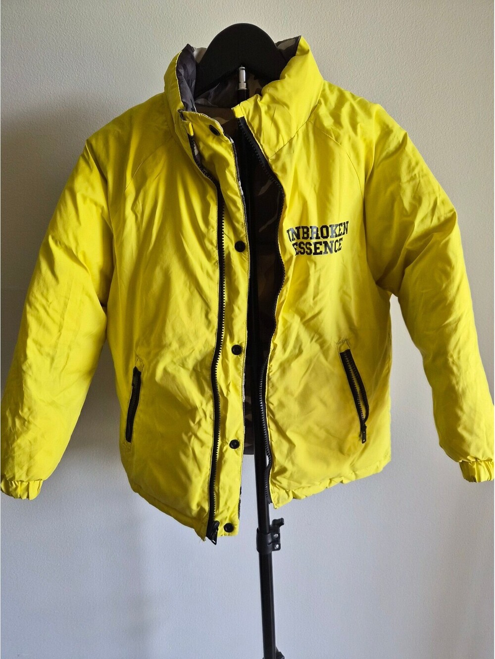 Unbroken Essence Reversible Puffer Jacket Yellow and Camouflage